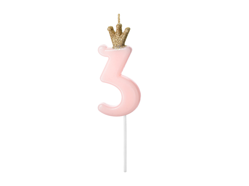 Lumanare Tort Aniversare 3 Ani cu Coronita Roz Deschis,- 8 cm