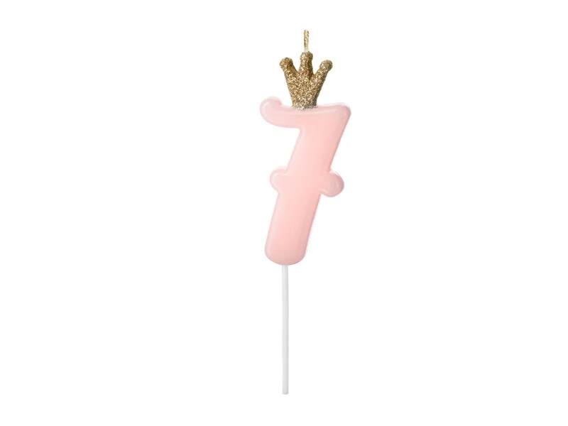 Lumanare Tort Aniversare 7 Ani cu Coronita Roz Deschis,- 8 cm
