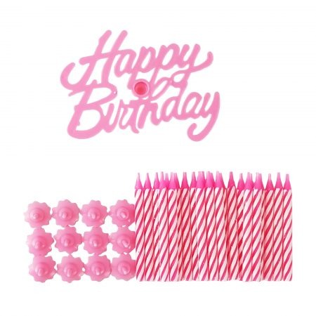 Set Lumânări Tort Happy Birthday Roz cu Spiralate
