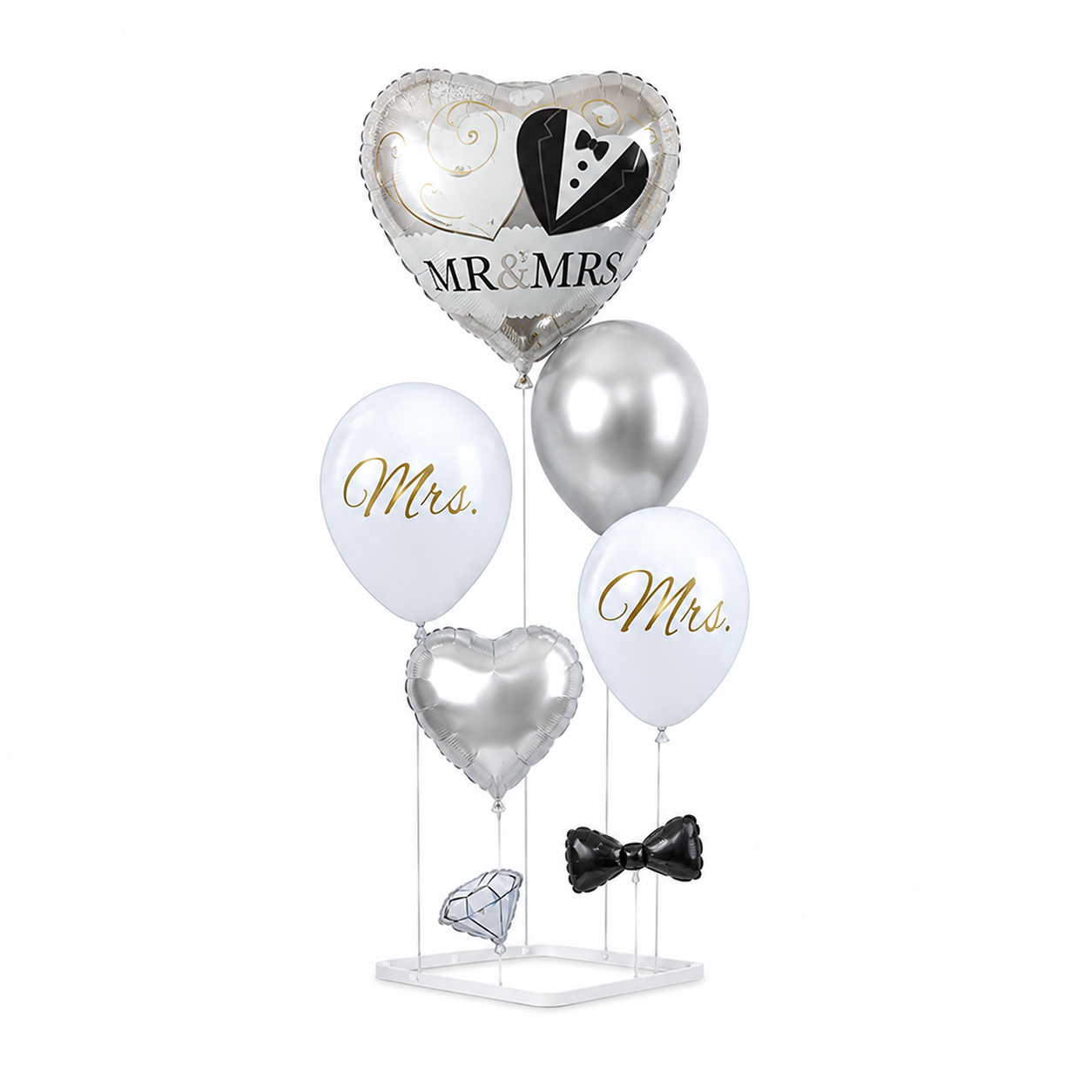 Set Aranjament Baloane Mr & Mrs — Argintiu și Gri cu Suport