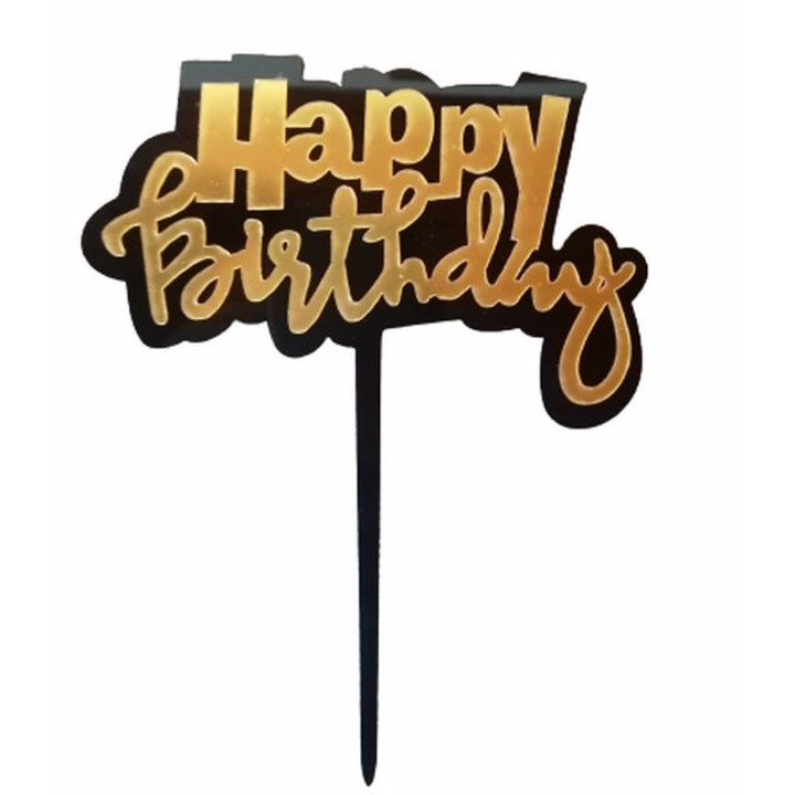 Topper Tort Happy Birthday — Auriu și Negru Metalic